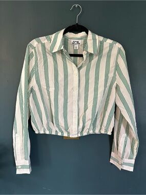 NWOT Future Collective Green-Striped Cropped Button-Down Shirt